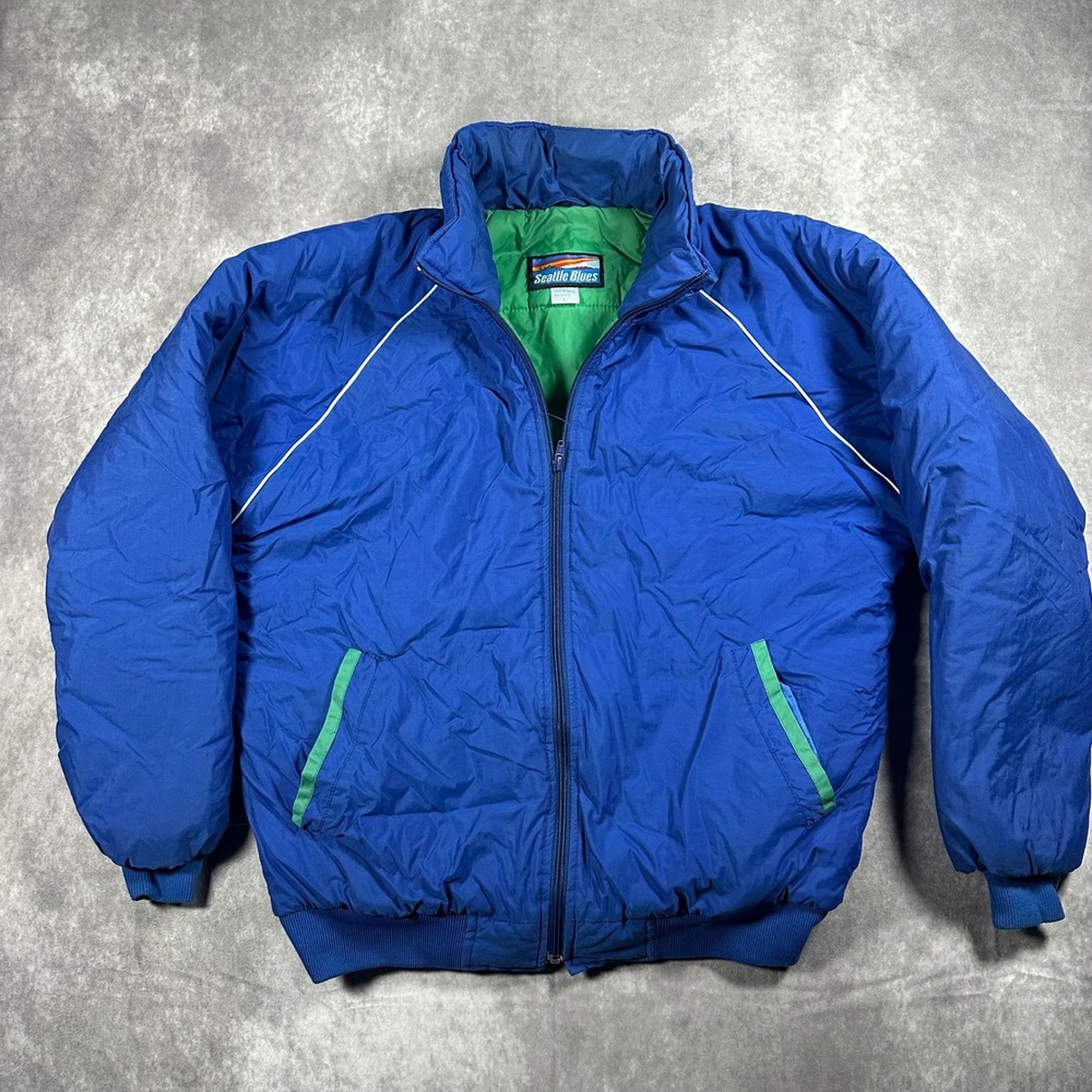 Vintage Seattle Blues Men Puffer Jacket Large Blue Green Retro Full Zip Gorpcore